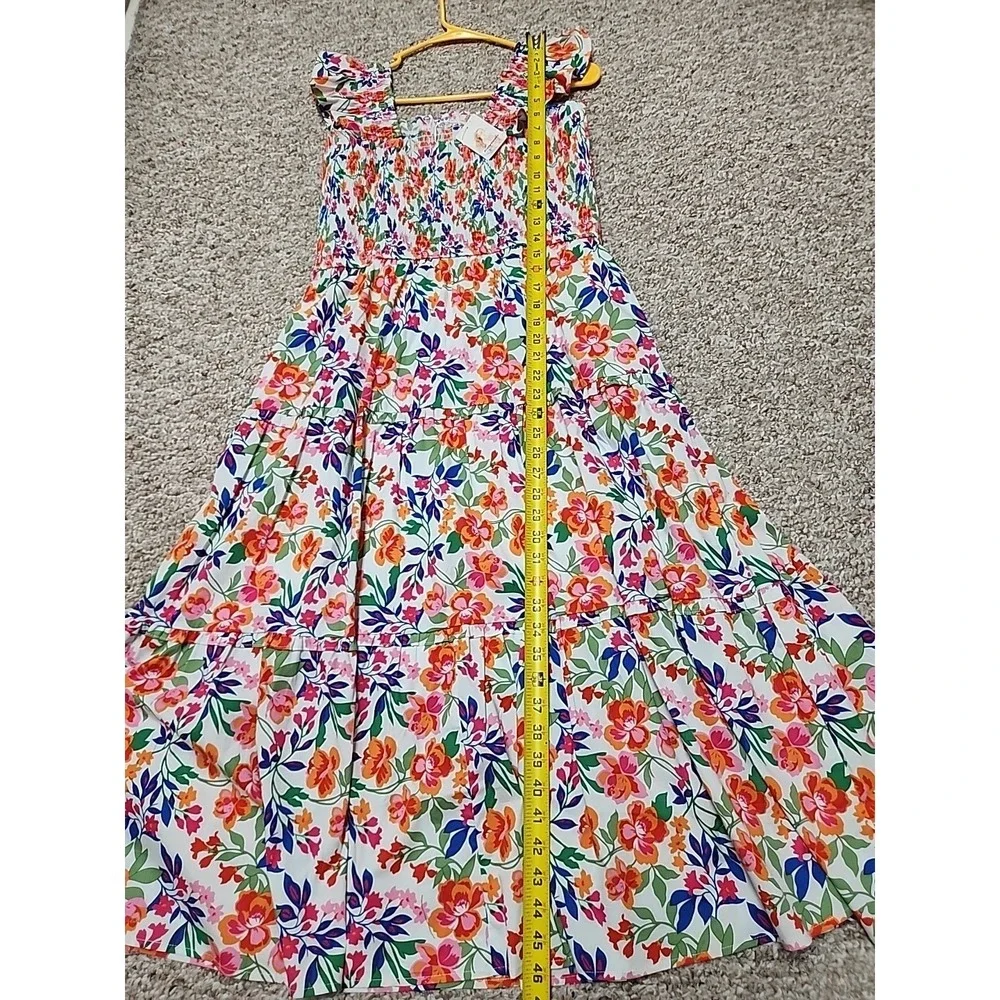 PrettyGarden Floral Smocked Midi‎ Dress Large Ruffle Sleeveless Multicolor NWT